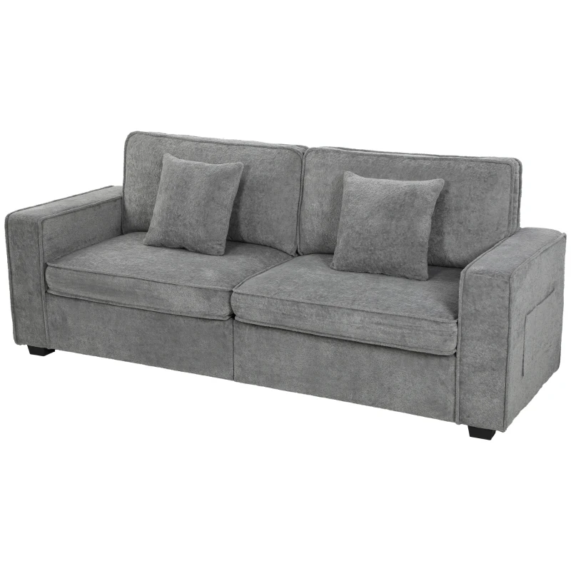 HOMCOM Sofá de 3 Plazas Tapizado en Chenilla con Bolsillos 2 Almohadas Reposabrazos Cojín de Muelles 210x78,5x86,5 cm Gris