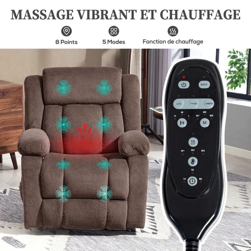 HOMCOM Fauteuil Inclinable de Massage et Chauffage, Fauteuil de Relaxation en Velours, Dossier Réglable, Pivotant 360°, Marron