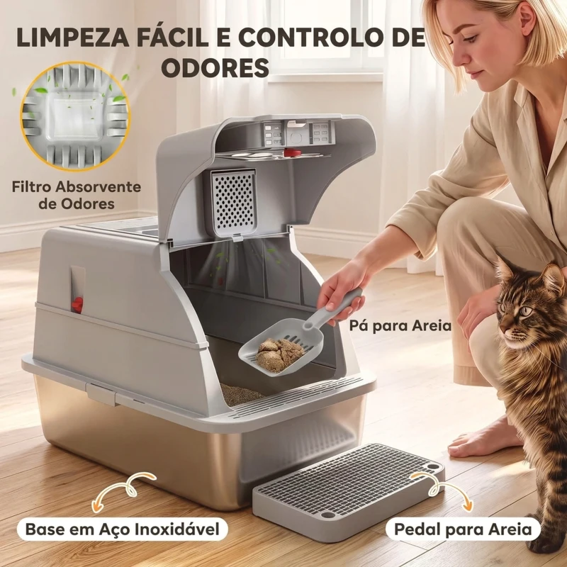 PawHut Caixa de Areia em Aço Inoxidável para Gatos com Tampa Amovível, Fechada, com Pá, XXL, Cinzento-claro