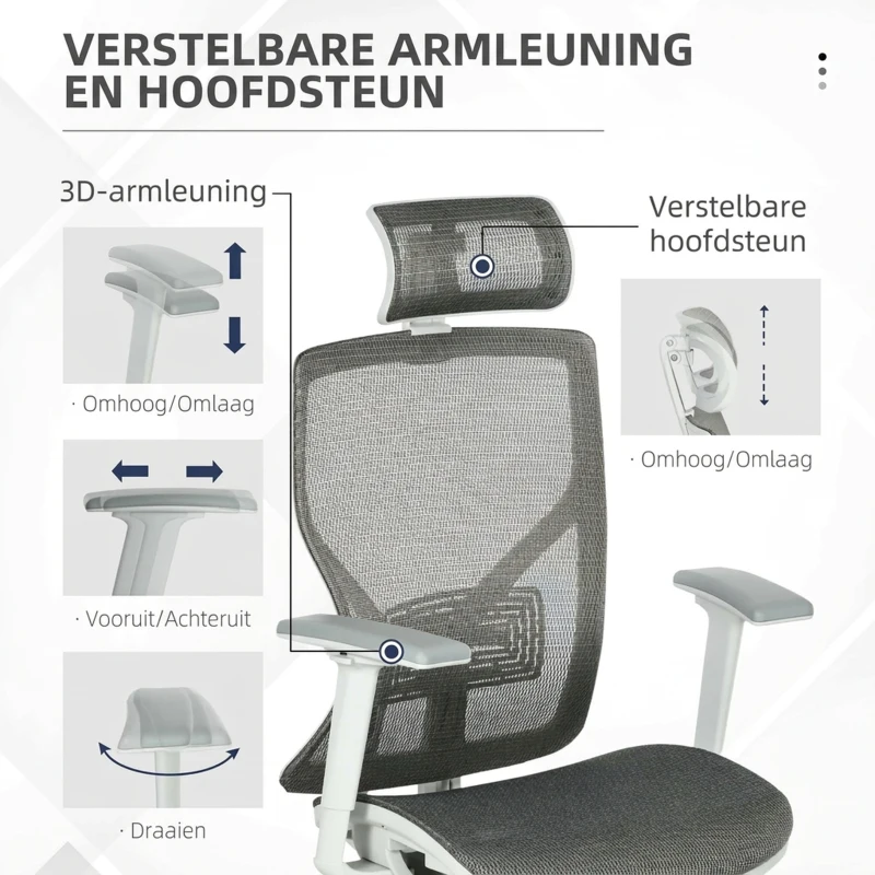 Vinsetto bureaustoel met hoofdsteun 3D-armleuning 3 niveaus in hoogte verstelbaar ergonomische netstof schuimgrijs 67 x 65 x 120-128 cm