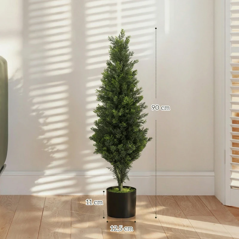 HOMCOM Set 2 Plantas Artificiales de Ciprés 90cm para Interior y Exterior con Maceta, 564 Hojas, Hogar, Oficina, Jardín, Verde