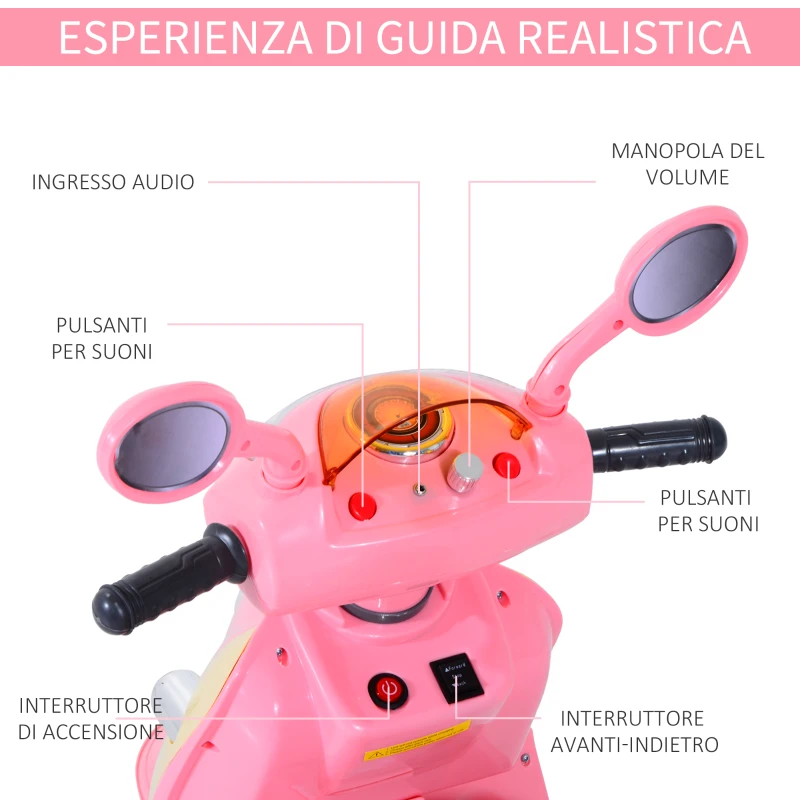 HOMCOM Moto Elettrica per Bambini Batteria 6V, Velocità 3km/h, Motorino Elettrica per Bambini 3-5 Anni con Luci e Musica, 108x51x75 cm, Rosa
