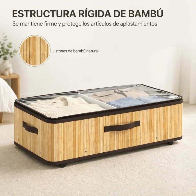 HOMCOM Juego de 2 Cajas de Almacenaje Bajo Cama con Ruedas 72L Tapa Transparente y Asa Marco Metálico 78,5x43x23 cm Natural