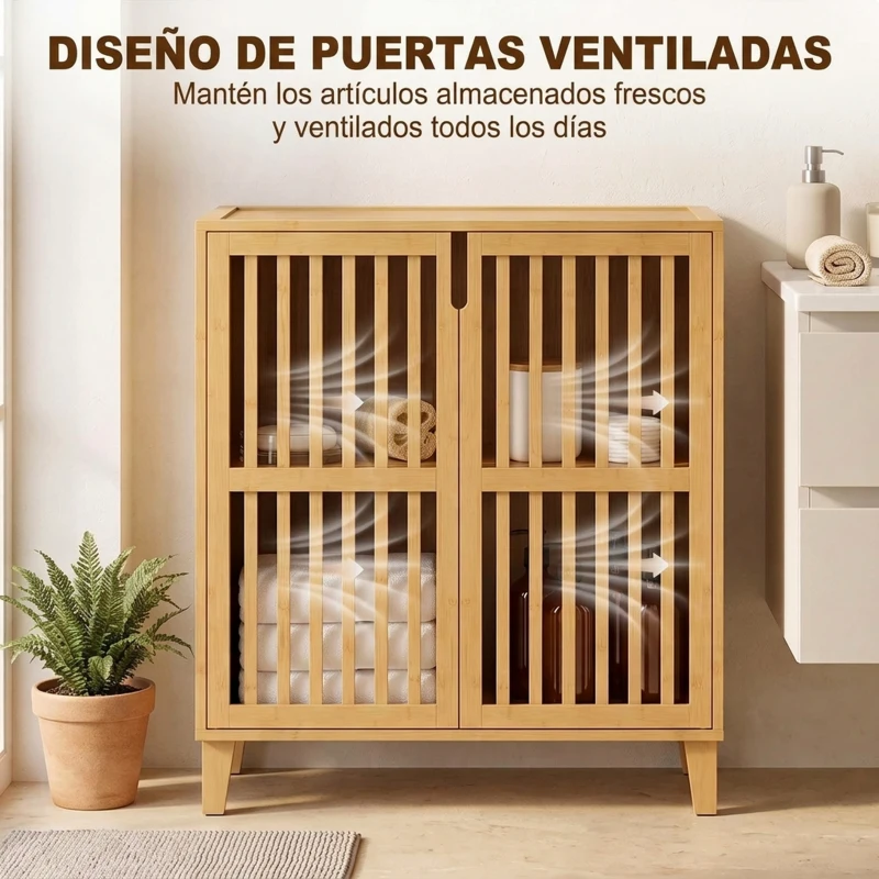 HOMCOM Armario de Baño de Bambú Mueble Auxiliar de Baño con 2 Puertas Ventiladas y Estante Ajustable 72x35x78,8 cm Natural