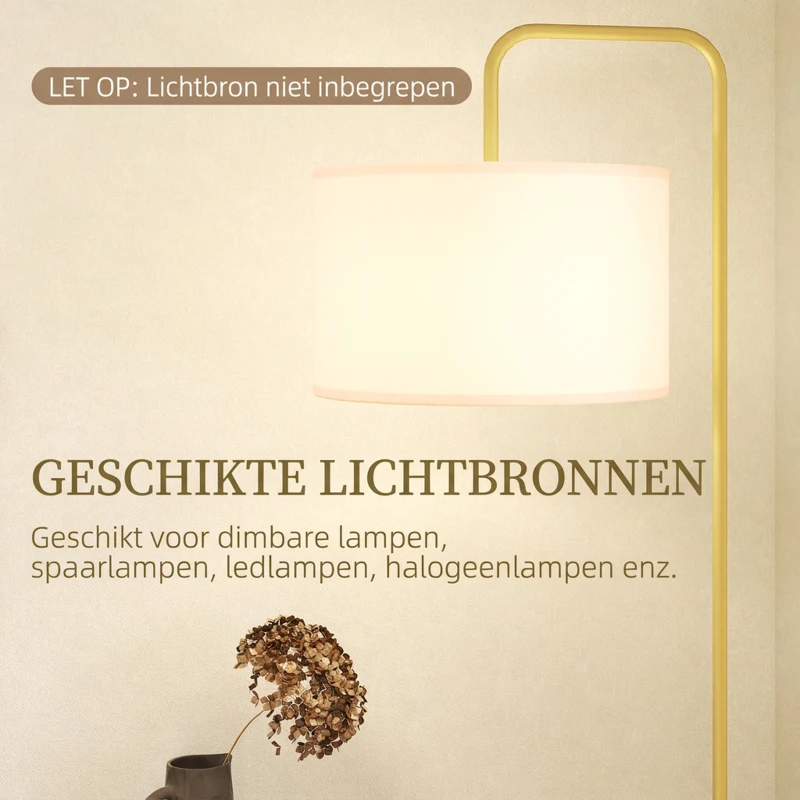 HOMCOM vloerlamp met voetschakelaar, stoffen lampenkap en staal, goud