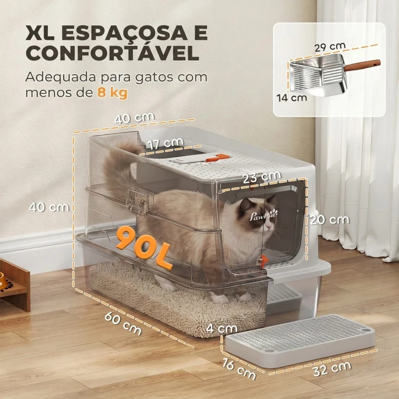 PawHut Caixa de Areia para Gatos em Aço Inoxidável com Tampa Amovível e Pá XXL, Cinzento-Claro