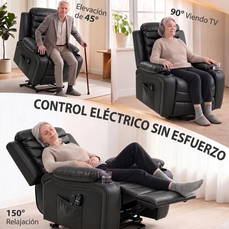 HOMCOM Sillón Relax Reclinable Eléctrico Levanta Personas con Masaje Vibratorio y Calor Puerto USB Control Remoto Negro