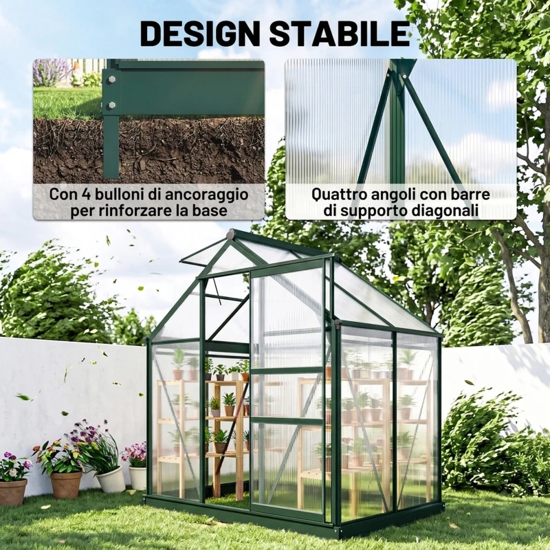 Outsunny Serra da Giardino in Policarbonato Anti UV con Finestra e Porta Scorrevole, 190x132x201cm