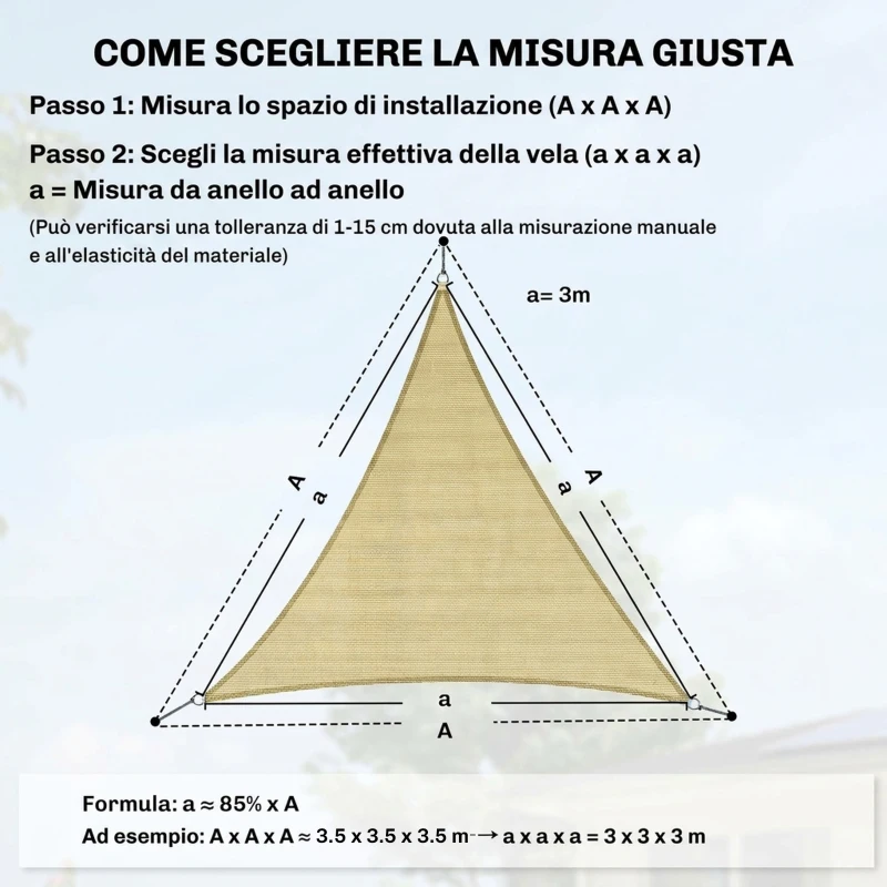 Outsunny Tenda Parasole Triangolare Impermeabile in HDPE e Metallo, 3x3x3 m, color Ottone