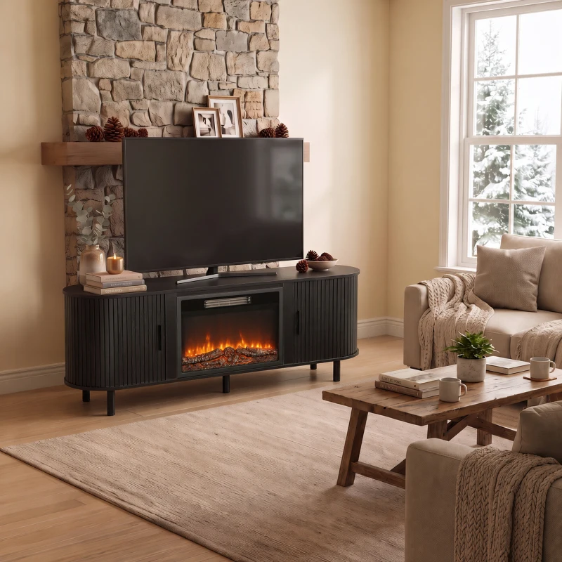 HOMCOM Electric Fireplace TV Stand for 70" TVs, 1800W Entertainment Center with Adjustable Flame Effect, Storage