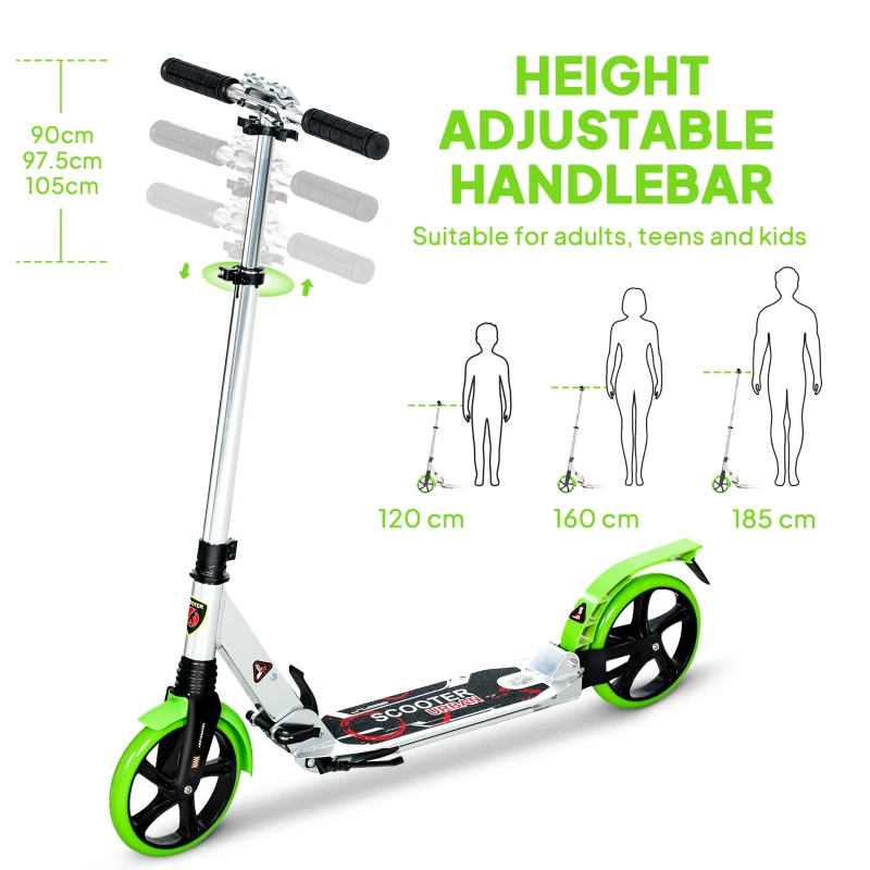 HOMCOM Folding Kick Scooter, Adjustable Ride On Scooter with 200mm Big Wheels and Double Shock Absorption, Urban Scooter for 14+ Teens Adult, Green