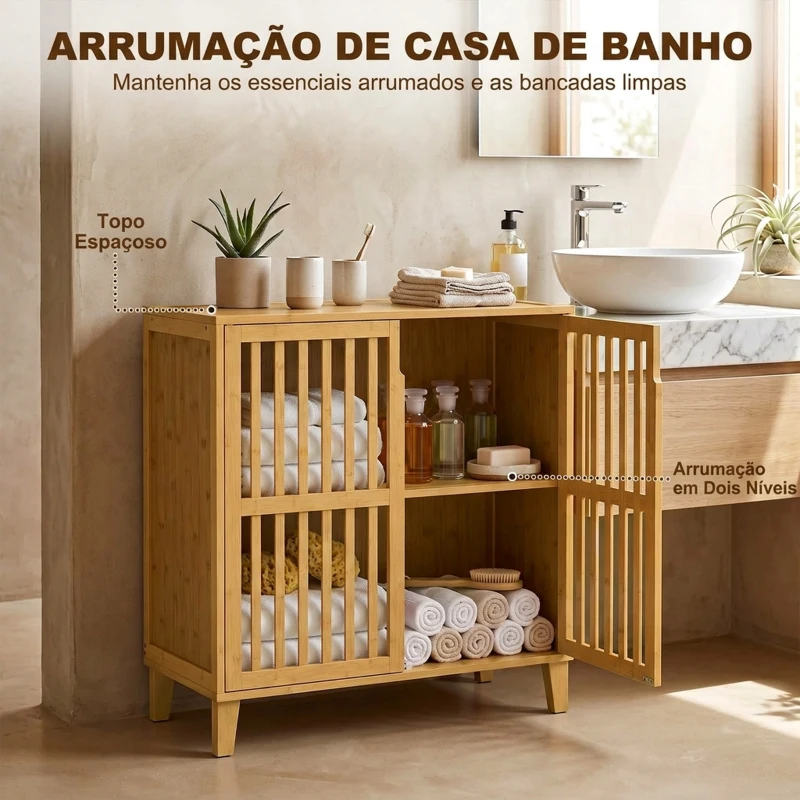 HOMCOM Armário Estreito em Bambu com Prateleira Ajustável e Portas Ventiladas para Casa de Banho, Cozinha ou Hall de Entrada, Natural