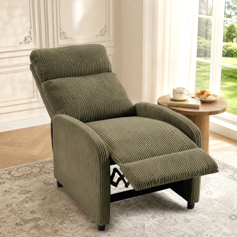HOMCOM Sillón Relax Reclinable de Pana hasta 135° Reposapiés Respaldo Alto Acolchado Grueso Montaje Fácil Verde Oscuro