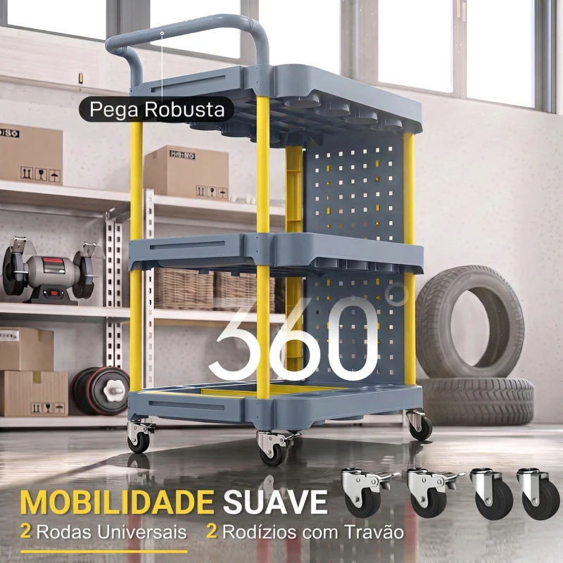 HOMCOM Carro de Ferramentas com Rodas de 3 Níveis com Painel Perfurado e Ganchos, com Travões, Cinzento e Amarelo