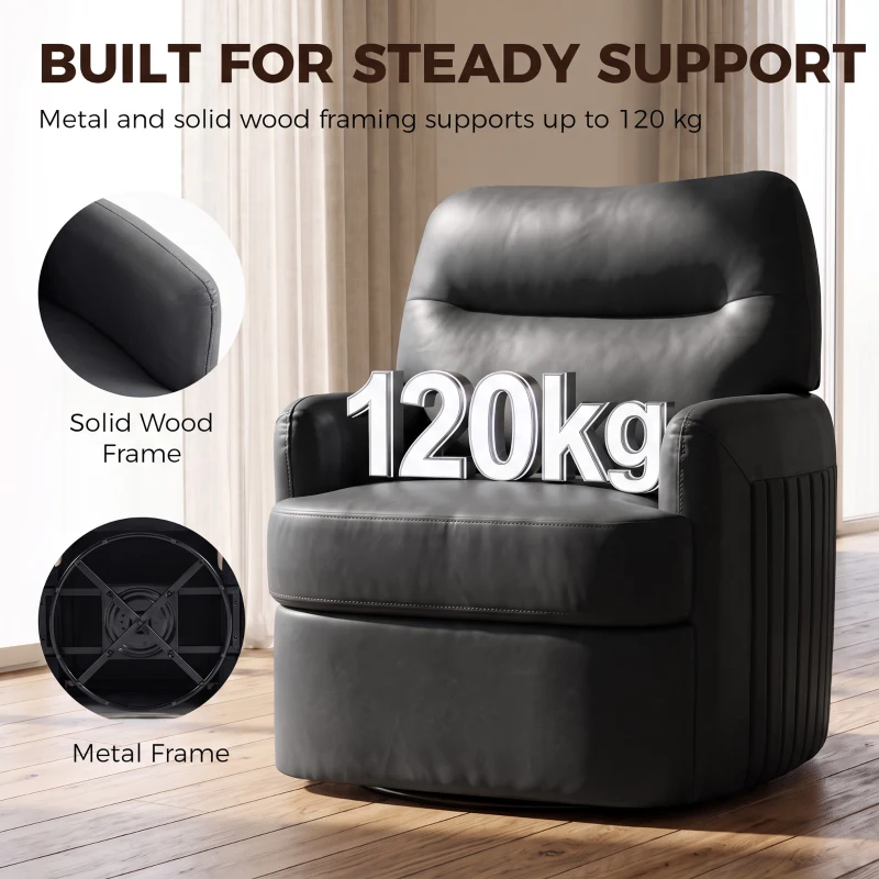 HOMCOM 360° Swivel Accent Chair, Modern Armchair with Thick Cushion, PU Leather Upholstered, Dark Grey