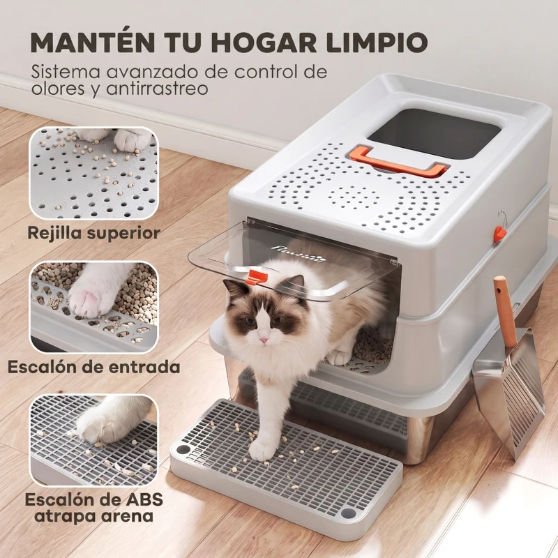 PawHut Arenero para Gatos de Acero Inoxidable XL con Tapa Borde Alto 2 Entradas Escalón Pala Diseño Desmontable Gris Claro