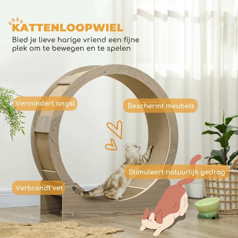 PawHut Kattenloopband, 91 cm, met Rem en Krabmat, Ideaal voor Gezonde Beweging van uw Kat, Walnoot