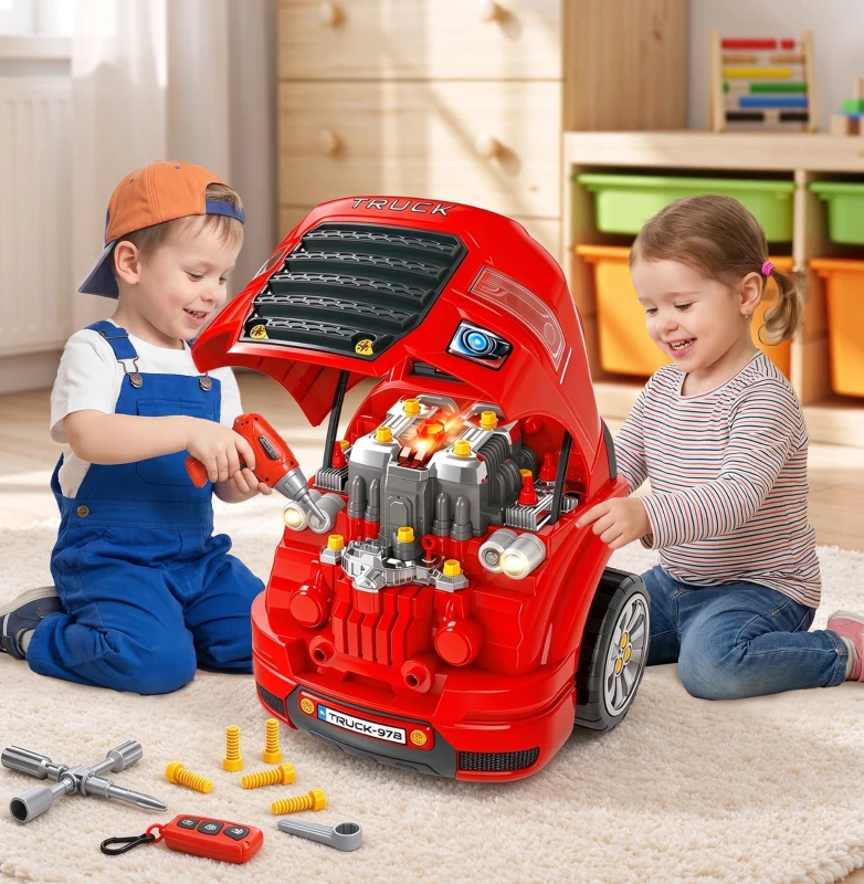 HOMCOM Camion mécano 2 1 - Jouet Bricolage Enfant - Établi - Jeu imitation mécanicien - Nombreux PP ABS Rouge(m-2)