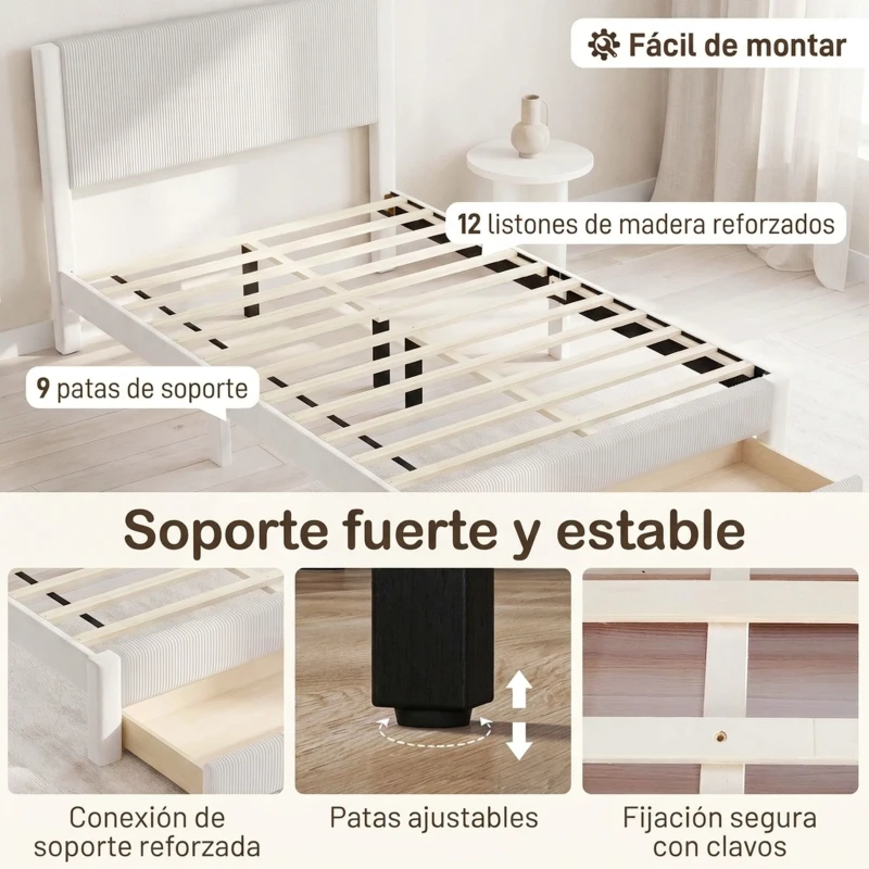 HOMCOM Cama Tapizada 140x200 cm con Cabecero Acolchado y Cajón Almacenaje Láminas de Madera Fácil Montaje Beige