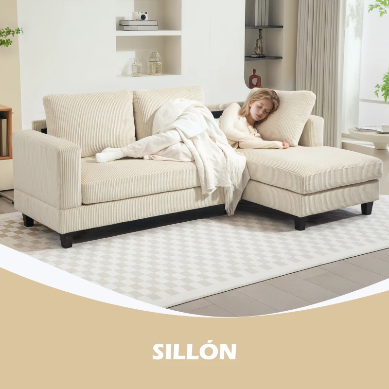 HOMCOM Sofá Chaise Longue de 3 Plazas en Forma de L Tapizado en Pana Asiento y Respaldo Acolchados 214x134x87 cm Beige