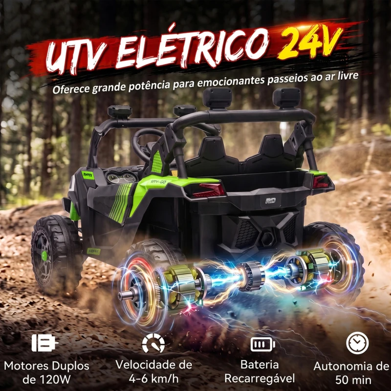 AIYAPLAY UTV elétrico infantil 24 V de 2 lugares com 2 motores de 120 W, comando à distância e suspensão às 4 rodas, verde