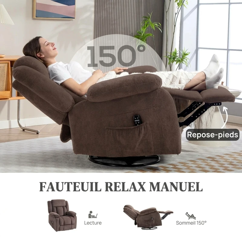 HOMCOM Fauteuil Inclinable de Massage et Chauffage, Fauteuil de Relaxation en Velours, Dossier Réglable, Pivotant 360°, Marron