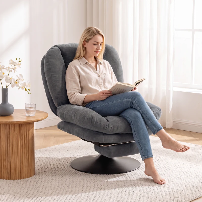 HOMCOM Sillón de Salón con Reposapiés Ajustable y Giratorio 360° de Lino Respaldo Forma Abanico Acolchado Grueso Gris Oscuro