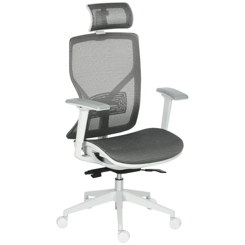 Vinsetto bureaustoel met hoofdsteun 3D-armleuning 3 niveaus in hoogte verstelbaar ergonomische netstof schuimgrijs 67 x 65 x 120-128 cm