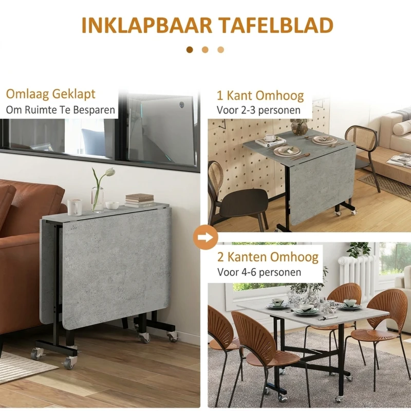 HOMCOM Eettafel voor 4-6 Personen, Opvouwbare Tafel met Wielen, Stalen Frame, 52,5-120 x 80 x 73 cm, Grijs(m-5)
