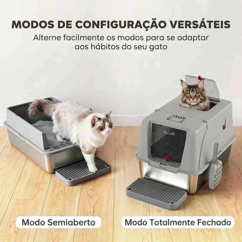 PawHut Caixa de Areia em Aço Inoxidável para Gatos com Tampa Amovível, Fechada, com Pá, XXL, Cinzento-claro