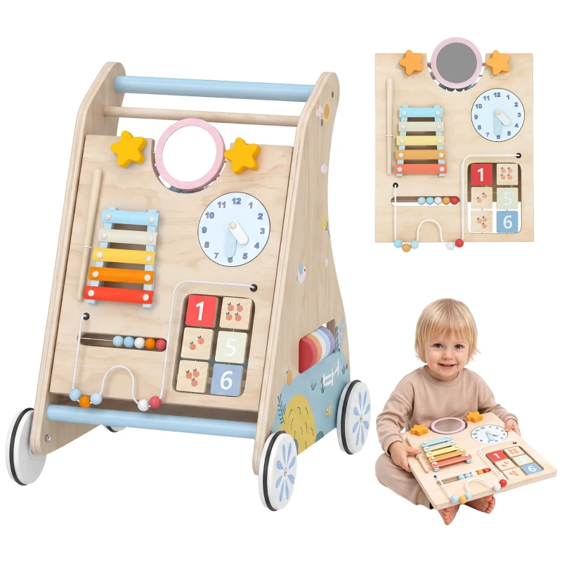 AIYAPLAY 3-in-1 baby loopwagen met afneembaar dubbelzijdig activiteitspaneel, tas en wielen voor 1-3 jaar
