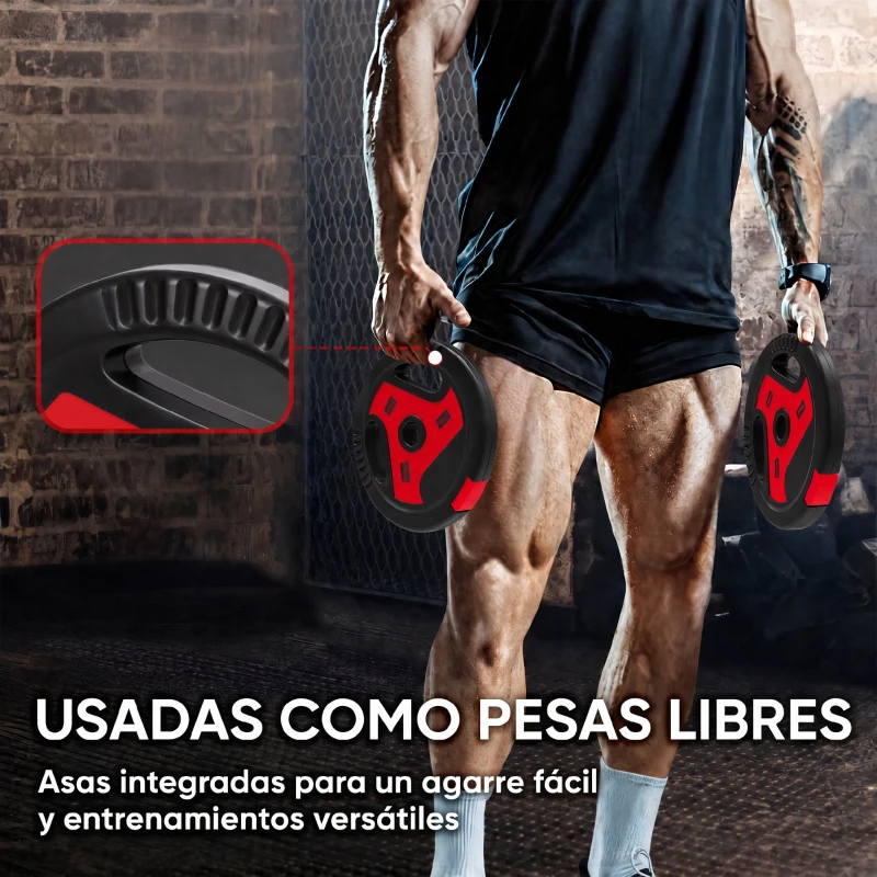 SPORTNOW Juego de Discos de Pesas de 4 Piezas Agujero 25 mm Total 15 kg 2x5kg 2x2,5kg con Agarres para Mancuernas y Barras Rojo