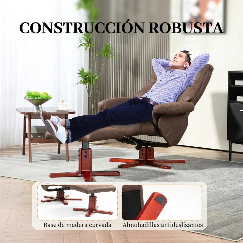 HOMCOM Sillón Relax Reclinable con Reposapiés Tapizado en Tejido Técnico Marco de Madera  Función Basculante Marrón Oscuro