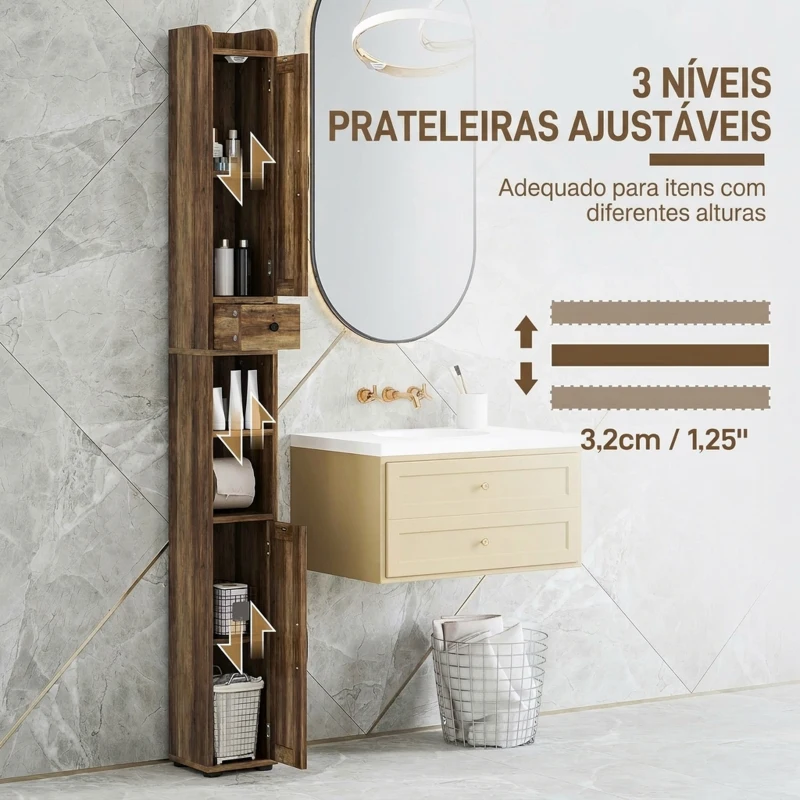 HOMCOM Coluna de Casa de Banho com 2 Portas, Compartimento Aberto, Prateleiras Ajustáveis e Suporte para Papel Higiénico, 20x20x185 cm, Castanho Acinzentado
