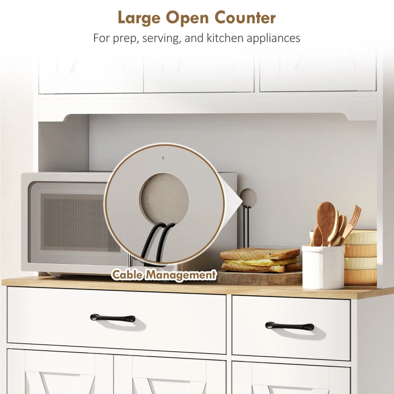 HOMCOM Kitchen Pantry with 6 Doors Countertop for Microwave 2 Drawers Adjustable Shelves Cable Hole White