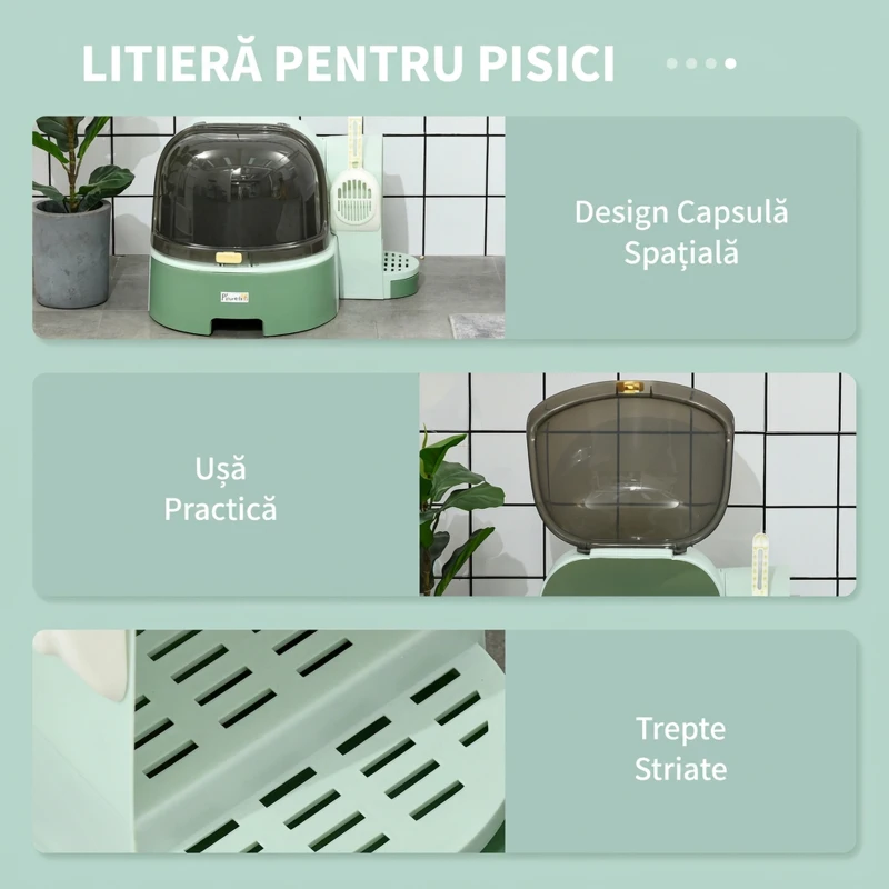 PawHut Litterină pentru pisici închisă, cu capac rabatabil și tavă detașabilă, 52x60x42 cm, Verde