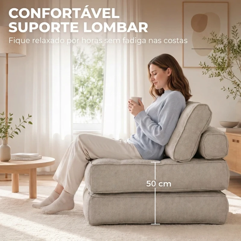HOMCOM Cadeirão-Cama Convertível 3 em 1 Multifuncional Sofá Cama Individual com 2 Almofadas Branco Creme