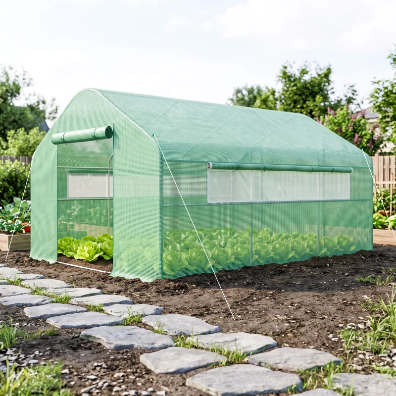 Outsunny Serre de jardin 4 x 3 x 2m avec portes enroulables et grandes fenêtres, serre tunnel de jardin, vert