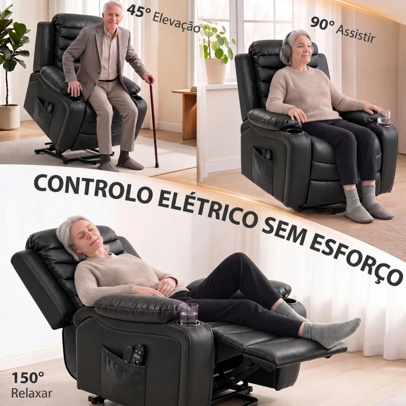 HOMCOM Cadeirão Elevatório Elétrico com Massagem Vibratória e Calor Lombar Reclinável Preto