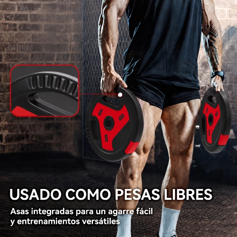 SPORTNOW Juego de Discos de Pesas de 4 Piezas Agujero Ø25 mm Total 25 kg 2x7,5kg 2x5kg con Agarres para Mancuernas y Barras Rojo