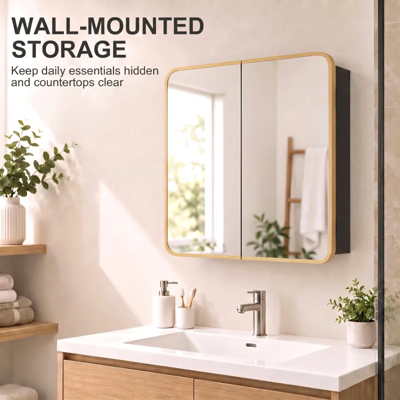 HOMCOM Bathroom Medicine Mirror Cabinet, Bathroom Wall Cabinet with Storage, Magnetic Doors and Adjustable Shelf, Natural