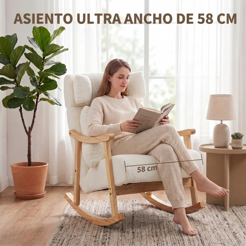 HOMCOM Mecedora Tapizada de Borreguito con Reposacabezas Ajustable y Patas de Madera 65x98x88 cm Crema