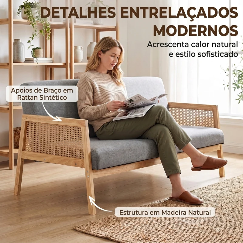 HOMCOM Sofá de 3 Lugares em Tecido Efeito Linho com Detalhes em Vime Sintético Estrutura em Madeira 330 kg 149x77x77 cm Cinza