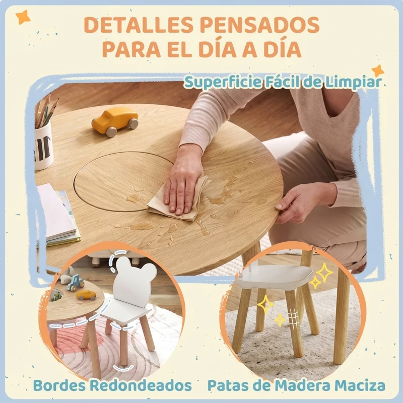 AIYAPLAY Conjunto Infantil de Mesa y 2 Sillas de Madera con Respaldo en Forma de Oso y Espacio de Almacenaje para Niños 3-6 Años