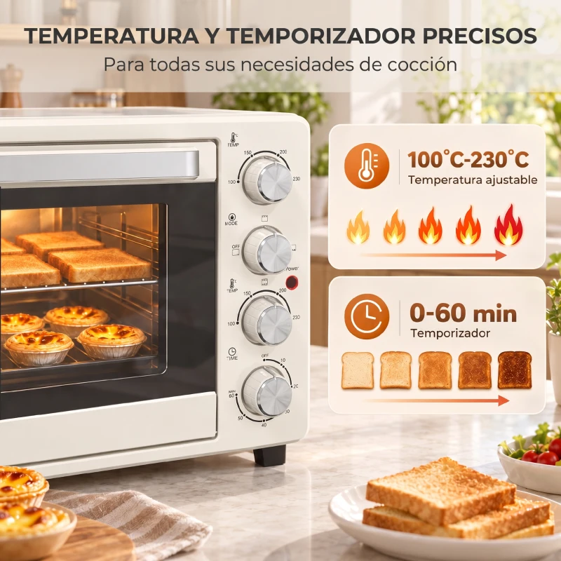 HOMCOM Horno Eléctrico de Sobremesa 32L 1600W con 3 Modos de Calor Temporizador Temperatura Regulable 52,2x38,1x33,5 cm Crema