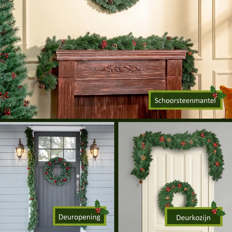 HOMCOM 1,9M kunstkerstslinger bloemdecoratie met dennenappels bessen kerstslinger spar voor trappen haard PE groen 190 x 12 x 8 cm