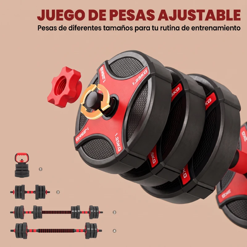SPORTNOW Juego de Mancuernas Ajustables 20 kg 5 en 1 como Kettlebell Barra Mancuernas Soporte para Flexiones para Gimnasio Casa