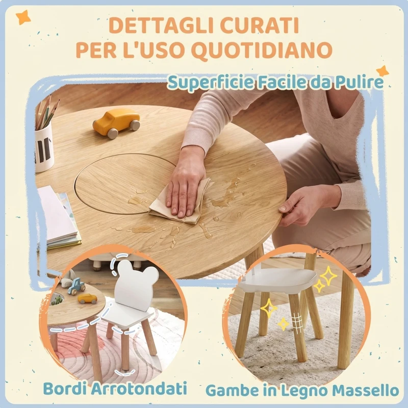 AIYAPLAY Set con Tavolo e 2 Sedie per Bambini con Schienale a Orsetto, Tavolino con Vano Contenitore, Color Legno