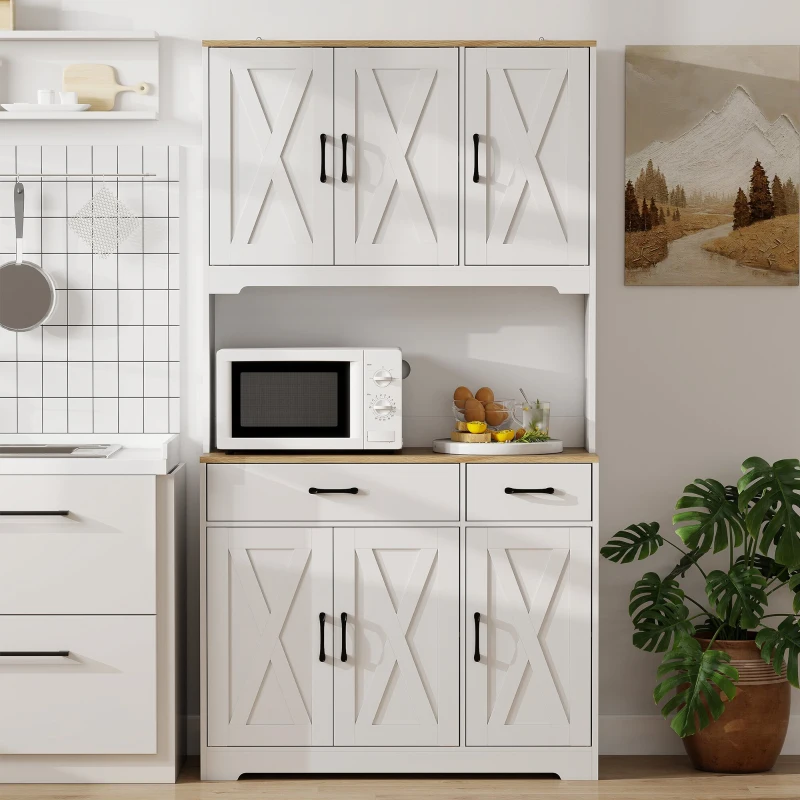 HOMCOM Kitchen Pantry with 6 Doors Countertop for Microwave 2 Drawers Adjustable Shelves Cable Hole White
