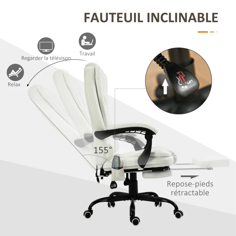 Vinsetto Fauteuil de Bureau Massant 7 Points, Chaise de Bureau Ergonomique avec Repose-pieds Rétractable, Dossier Inclinable 155°, Hauteur Réglable, Pivotant à 360°, télécommande Filaire, Blanc(m-7)